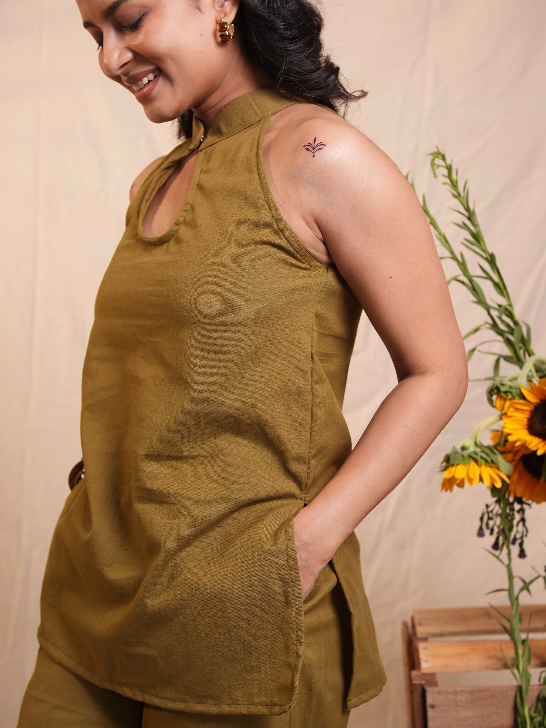 Olive Ruffle Cotton Pants