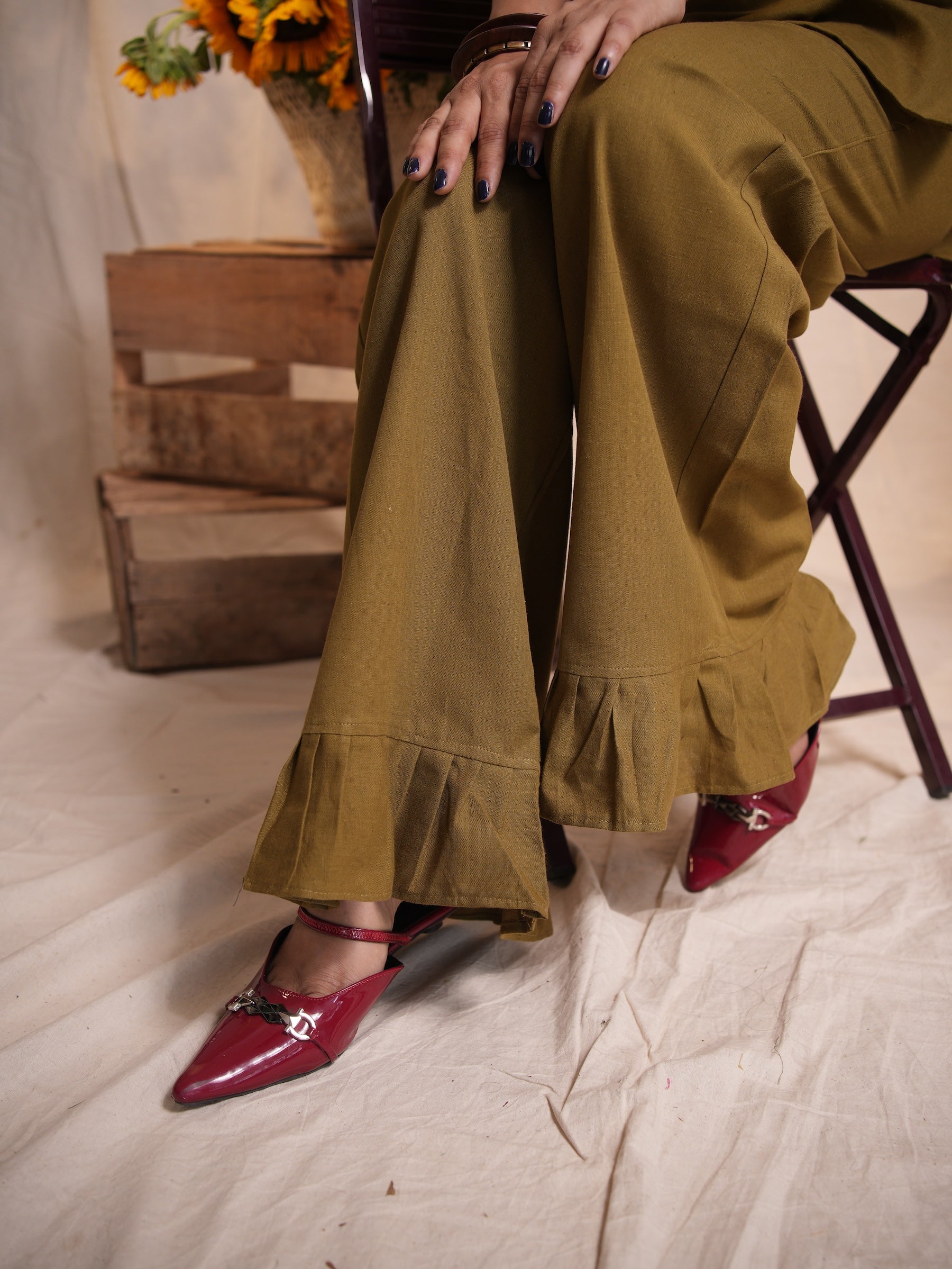 Olive Ruffle Cotton Pants