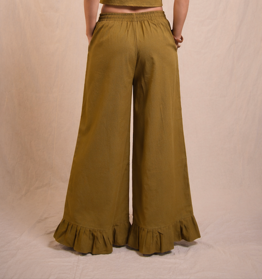 Olive Ruffle Cotton Pants